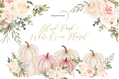 Elegant Blush Pink Creamy White Pumpkin Clipart&2C; Cream flowers Pumpkin