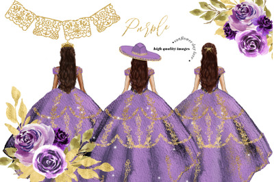 Elegant Purple &amp; Gold Princess Dress Clipart, Purple Gold Flowers