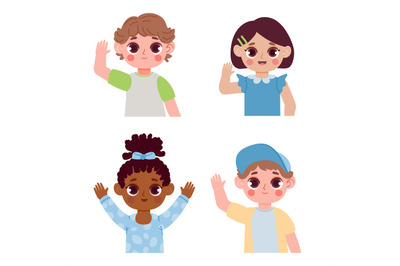 Cartoon children hello by waving hands. Different female and male smil