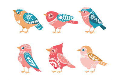 Decorative birds. Cute colorful animals with beautiful ethnic ornament