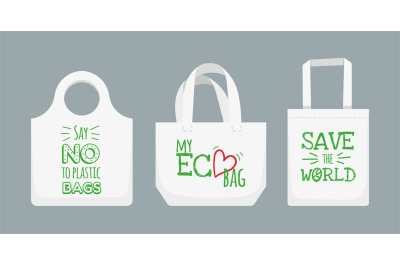 Eco fabric bag. Textile reusable handbag with text say no to plastic b