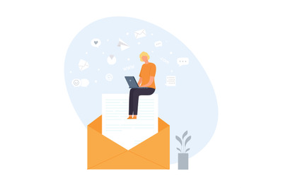 Email and messaging concept. Woman sitting on big envelope and working