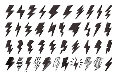 Flash icons. Lightning or thunderbolt storm symbols. Natural or electr