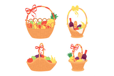 Gift basket. Wicker present full of fruits. Handmade container made of