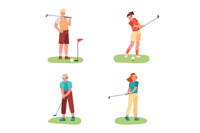 Golf playing. Female and male characters exercising with golf clubs, h