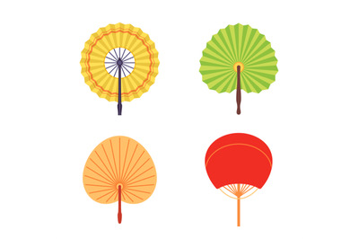 Handheld fan. Colorful paper traditional accessories. Japanese folding