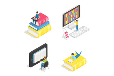 Isometric book set. People reading textbooks, gadgets on stack of obje