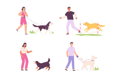 Men and women and domestic dogs activity. People walking with pets. Ma