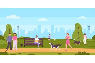 People walk in public park. Cartoon woman running with pet, man sittin