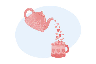 Teapot with hearts. Cute pink kettle pouring drink into cup. Lovely ar