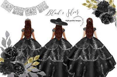 Black and Silver Princess Clipart, Flowers Clipart