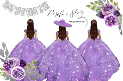 Elegant Purple &amp; Silver Princess Dress Clipart, Purple Flowers Clipart