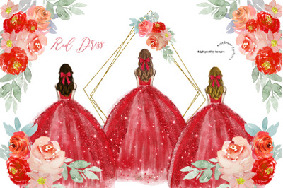 Elegant Red Dresses Clipart, Princess Dresses, Red Orange Flowers