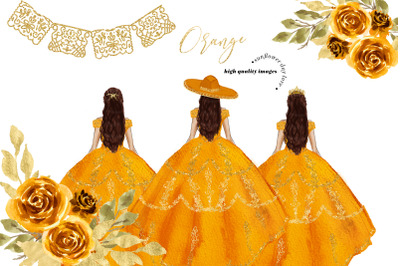 Orange Miss Quince Clipart, Wedding Princess Dresses