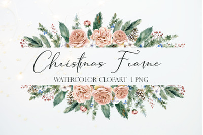 Watercolor Christmas frame clipart, Xmas banner winter flowers