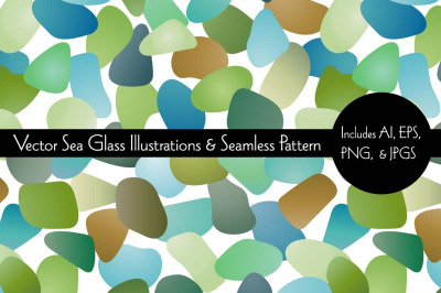 Sea Glass Vectors and Seamless Pattern
