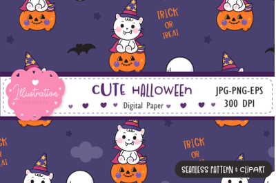 Halloween cat seamless pattern kawaii patterns digital