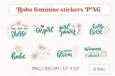 Boho feminine wild flowers stickers. Boho planner scrapbooking PNG