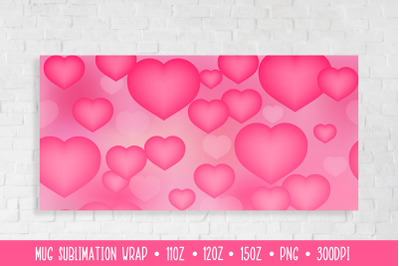 Pink Hearts Mug Sublimation Design. Romantic Mug Wrap