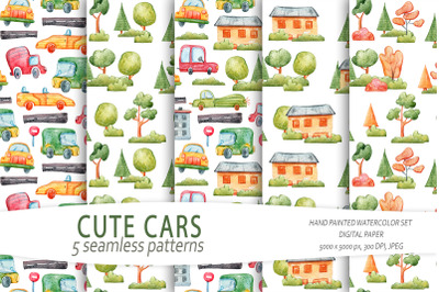 Cute cars seamless pattern / Digital paper -5 JPEG files