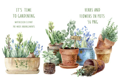 Watercolor gardening clipart, rustic farmhouse, plants png