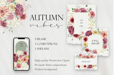 Fall Watercolor Wreath, Floral Frame Clipart, Autumn Boho Wedding DIY