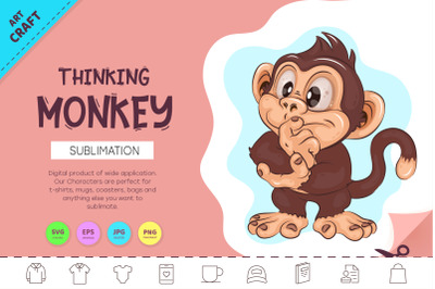 Cartoon Thinking Monkey. Crafting, Sublimation.