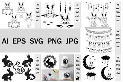 Cute characters rabbits svg, children&#039;s clip art for print