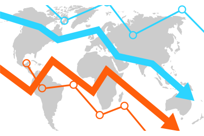 World crisis, decrease chart on background of global map