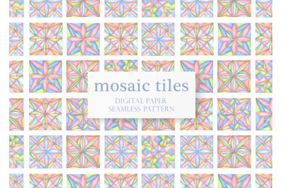 Mosaic tile digital paper, seamless pattern. Watercolor. Majolica