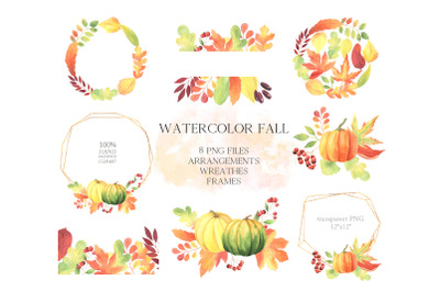 Watercolor Fall Frames, Wreaths Clipart