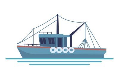 Fishing boat flat icon. Trawl freight ship