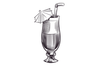 Summer cocktail engraving. Sex on beach glass sketch