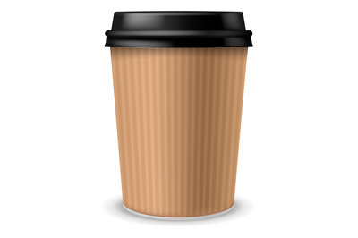 Paper coffee cup. Realistic carton container with black plastic lid. C