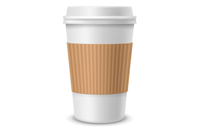 Paper coffee realistic cup. White plastic container with lid and cardb