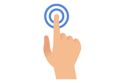 Touch screen hand gesture. Flat man palm with finger presses blue butt