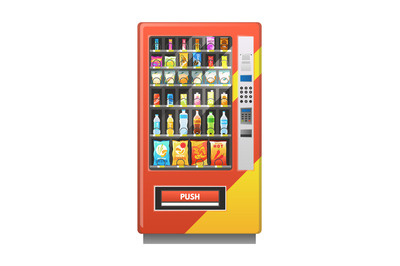 Vending machine with beverages and snack. Automatic food, sale of drin