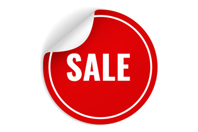 Sale sticker. Red round promotional element with white letters and cur