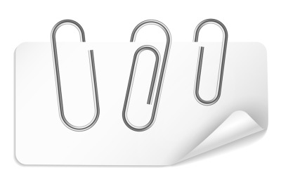 Pin paper clip. Realistic silver metal glossy fasteners on white sheet