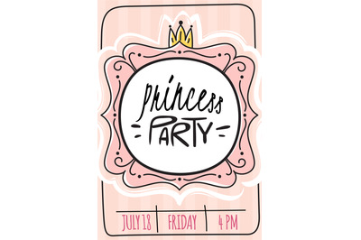 Princess card. Party invitation. Girls birthday greeting. Holiday kids