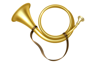 Golden trumpet. Realistic musical instrument. Gold metal bugle. Royal