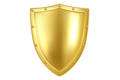 Golden shield. Realistic heraldic symbol. Metallic monarch award. Luxu