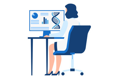 Scientists character. Woman sitting at desk back view, working on comp