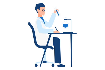 Scientist character. Man sits at desk, working with chemicals in test