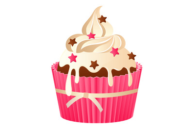 Pink cupcake. Chocolate cake with vanilla cream, stars decor, strawber