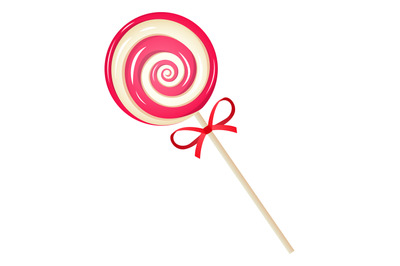 Sweet candy on stick. Realistic round swirl lollipop, striped deliciou