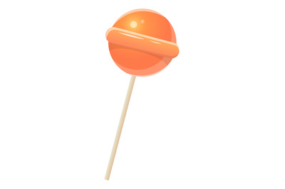 Orange candy on stick. Realistic round sweet lollipop isolated, kids d