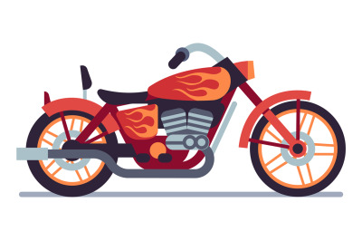 Motorcycle. Red biker motorbike with orange flame graffiti, classic ve