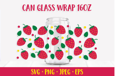 Strawberries and leaves glass can wrap SVG. Summer can glass