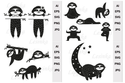 Bundle Cute Characters Sloths on a tree&2C; Black Stencil&2C; SVG